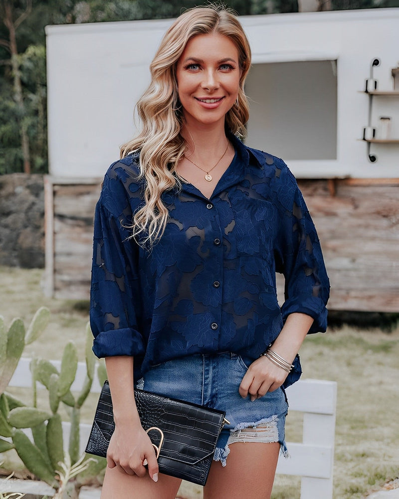 Ciara Spitze durchsichtig Button-Down-Bluse